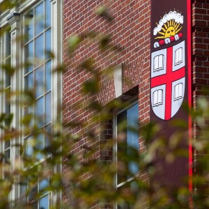 A tree with green leaves frame the bottom of the image with a brick building and the Brown University crest in the background.